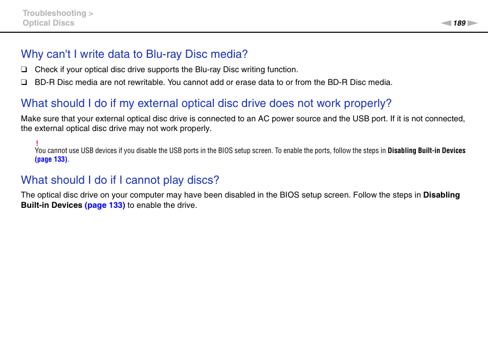 Why can't i write data to blu-ray disc media, What should i do if i cannot play discs | Sony VPCSC1AFM User Manual | Page 189 / 210