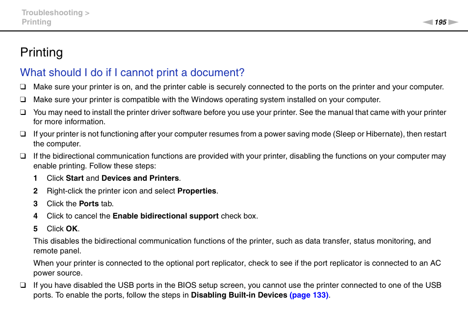 Printing, Inting, What should i do if i cannot print a document | Sony VPCSC1AFM User Manual | Page 195 / 210