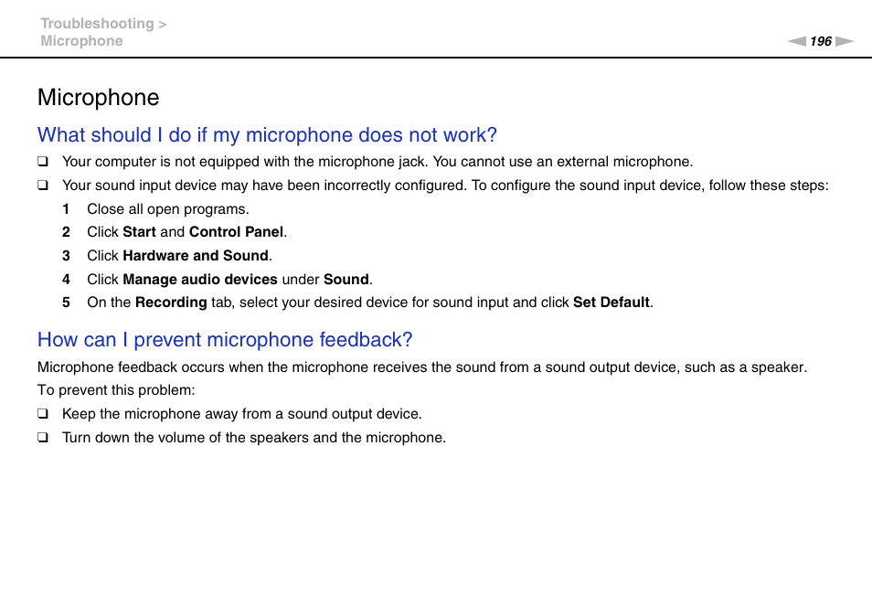 Microphone, What should i do if my microphone does not work, How can i prevent microphone feedback | Sony VPCSC1AFM User Manual | Page 196 / 210