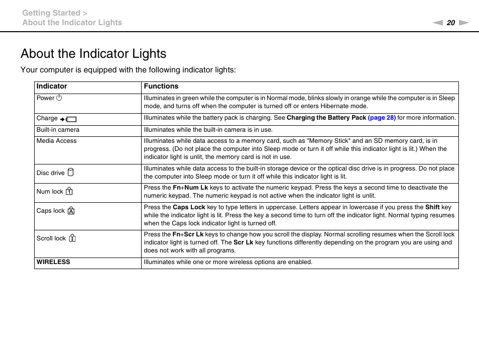 About the indicator lights | Sony VPCSC1AFM User Manual | Page 20 / 210