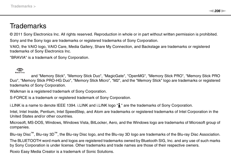 Trademarks | Sony VPCSC1AFM User Manual | Page 206 / 210