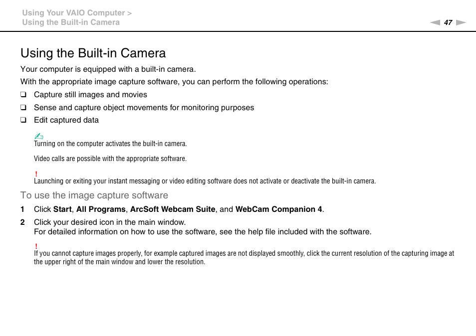 Using the built-in camera | Sony VPCSC1AFM User Manual | Page 47 / 210