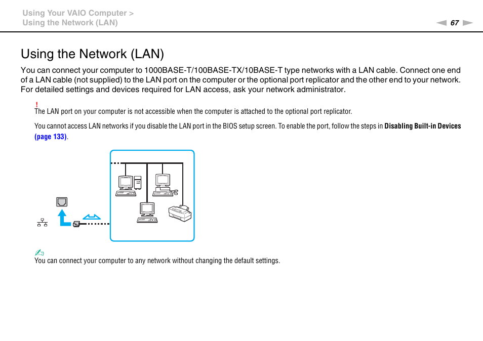 Using the network (lan) | Sony VPCSC1AFM User Manual | Page 67 / 210