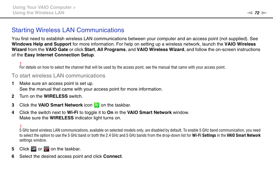 Starting wireless lan communications | Sony VPCSC1AFM User Manual | Page 72 / 210