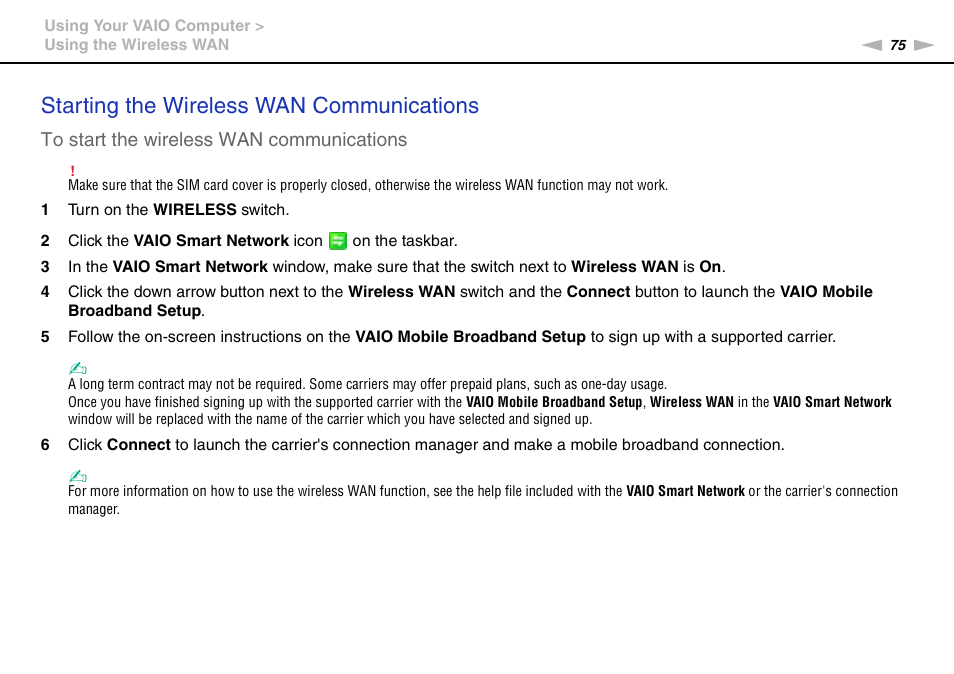 Starting the wireless wan communications | Sony VPCSC1AFM User Manual | Page 75 / 210