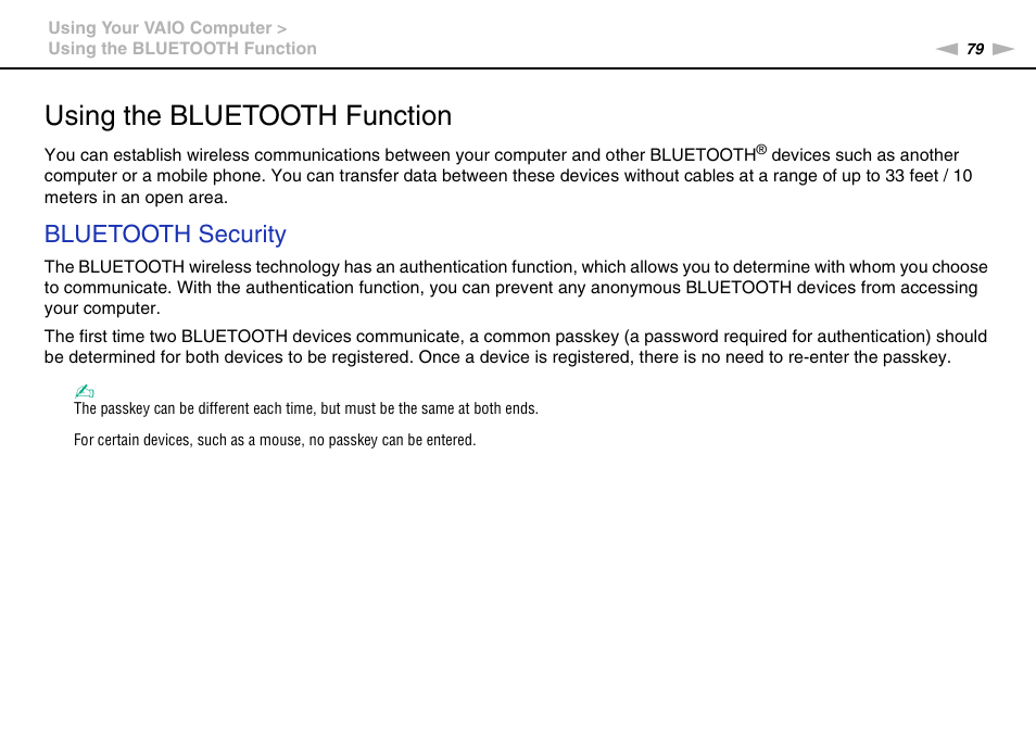 Using the bluetooth function, Bluetooth security | Sony VPCSC1AFM User Manual | Page 79 / 210