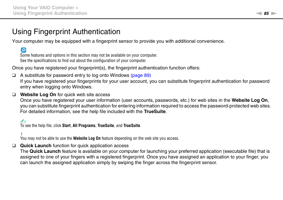 Using fingerprint authentication, Tion | Sony VPCSC1AFM User Manual | Page 85 / 210