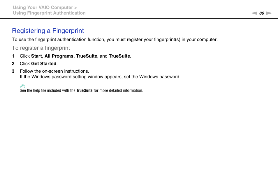 Registering a fingerprint | Sony VPCSC1AFM User Manual | Page 86 / 210