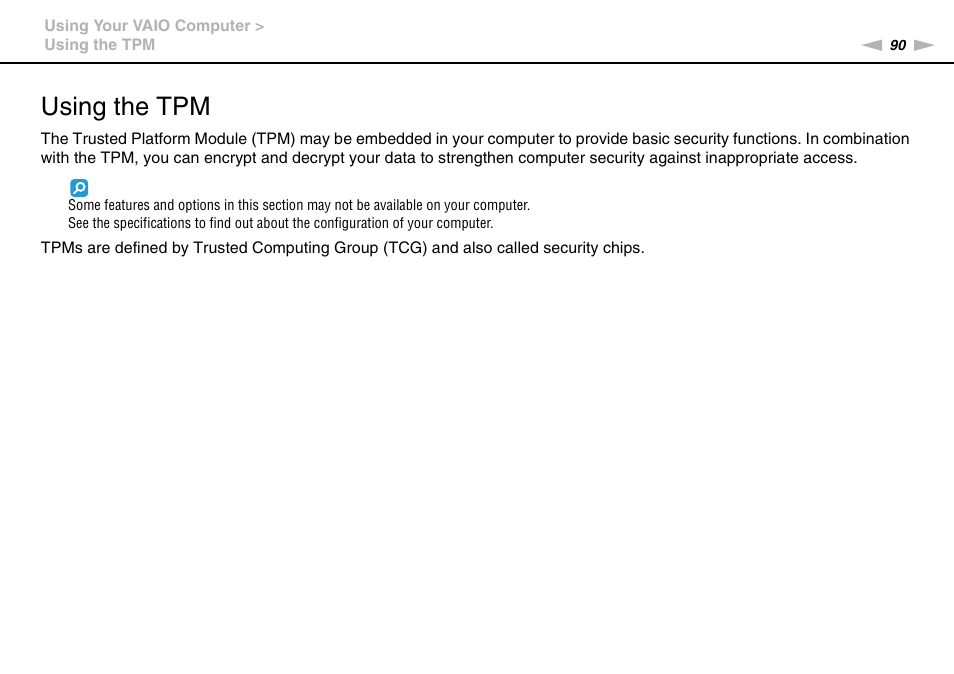 Using the tpm | Sony VPCSC1AFM User Manual | Page 90 / 210