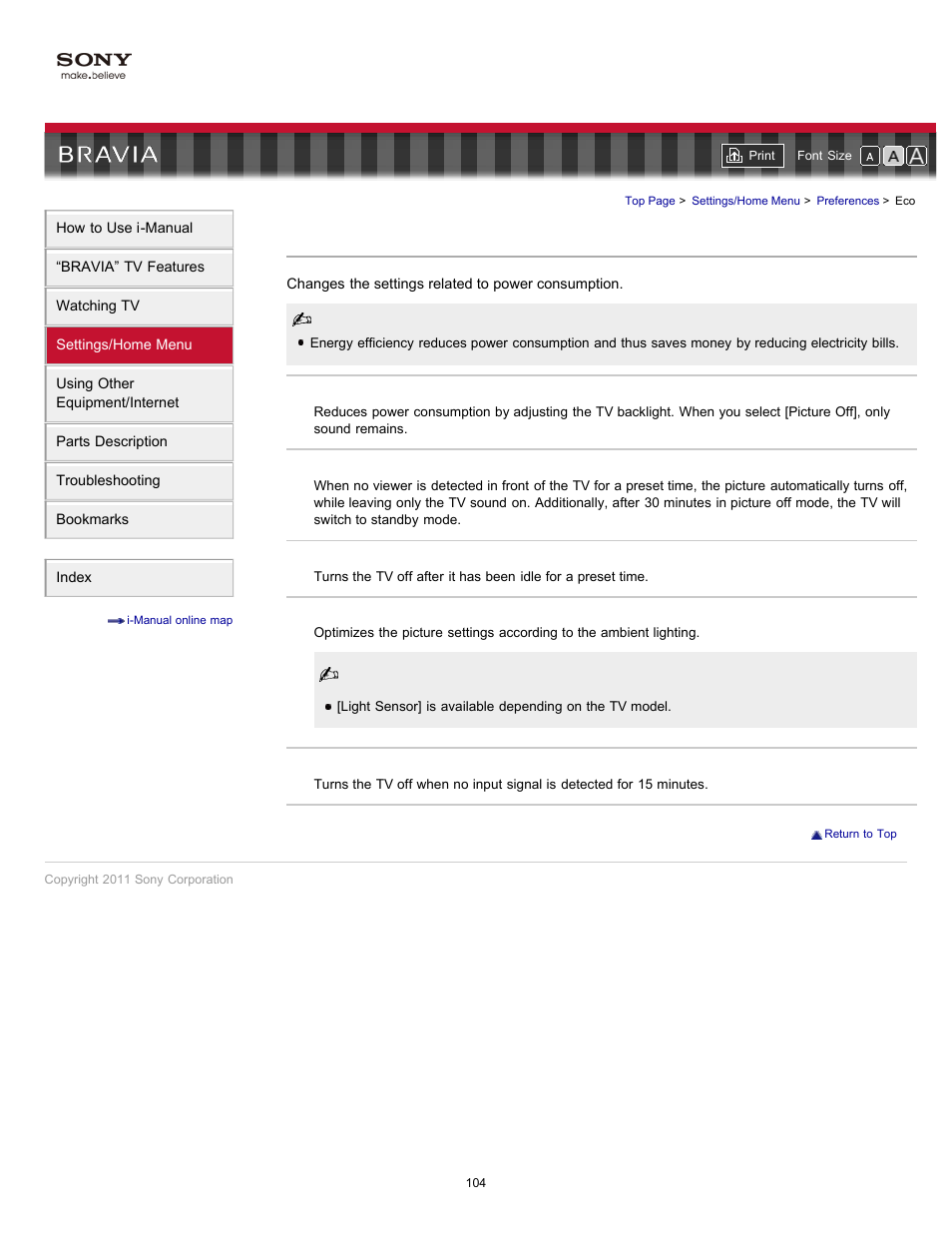 Light sensor, Auto shut-off eco settings, Idle tv standby power saving | Sony KDL-32EX520 User Manual | Page 104 / 157