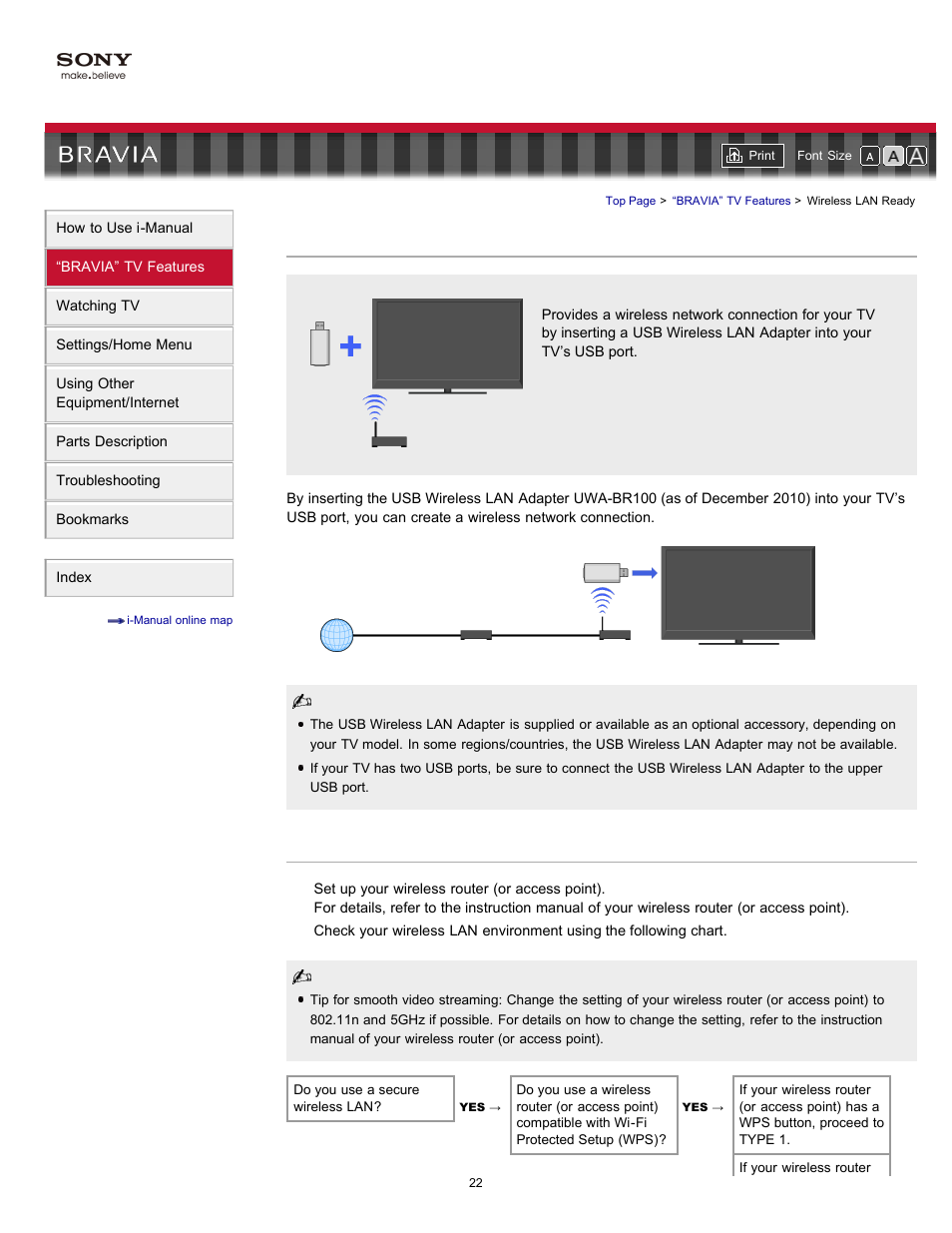 Wireless lan ready, Wireless lan adapter (usb), Wireless lan | Sony KDL-32EX520 User Manual | Page 22 / 157