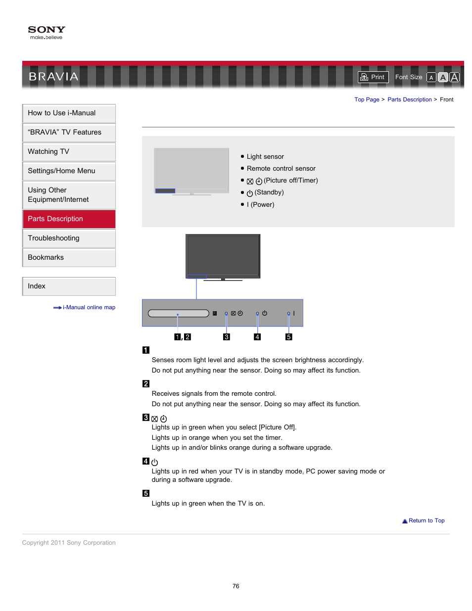 Front | Sony KDL-32EX520 User Manual | Page 76 / 157