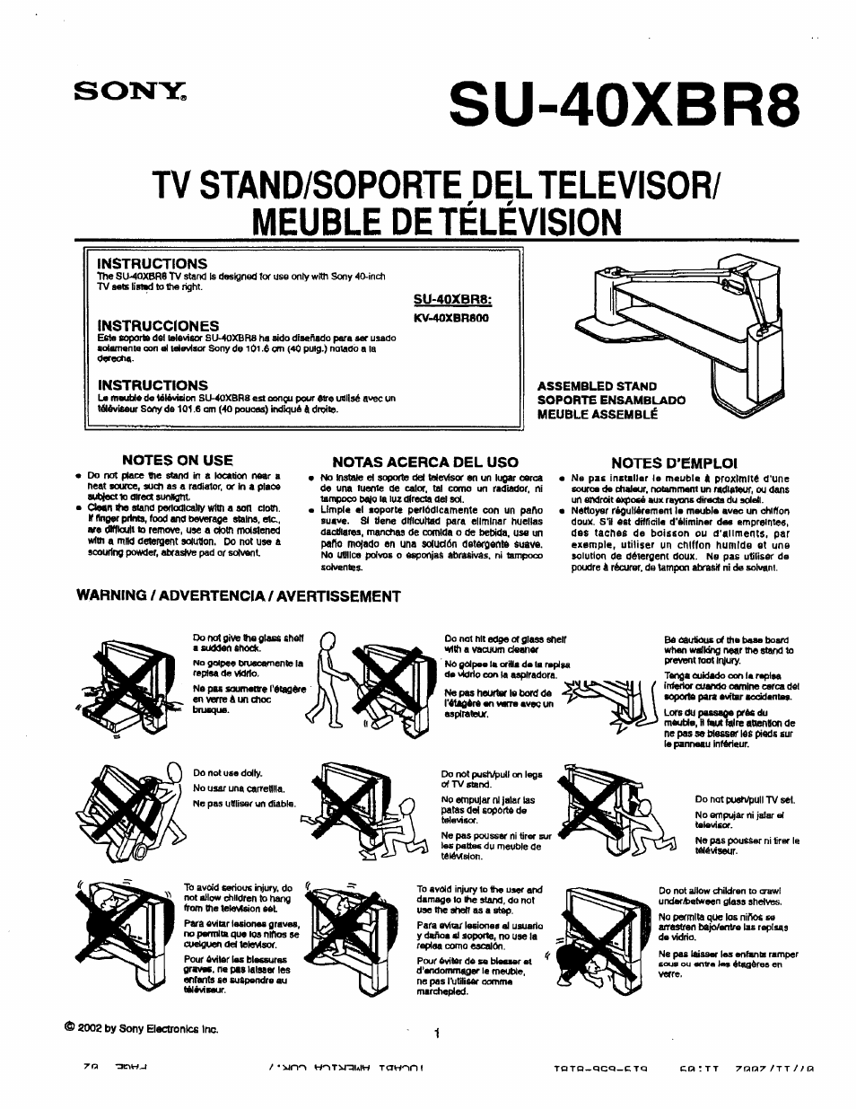 Sony SU-40XBR8 User Manual | 12 pages