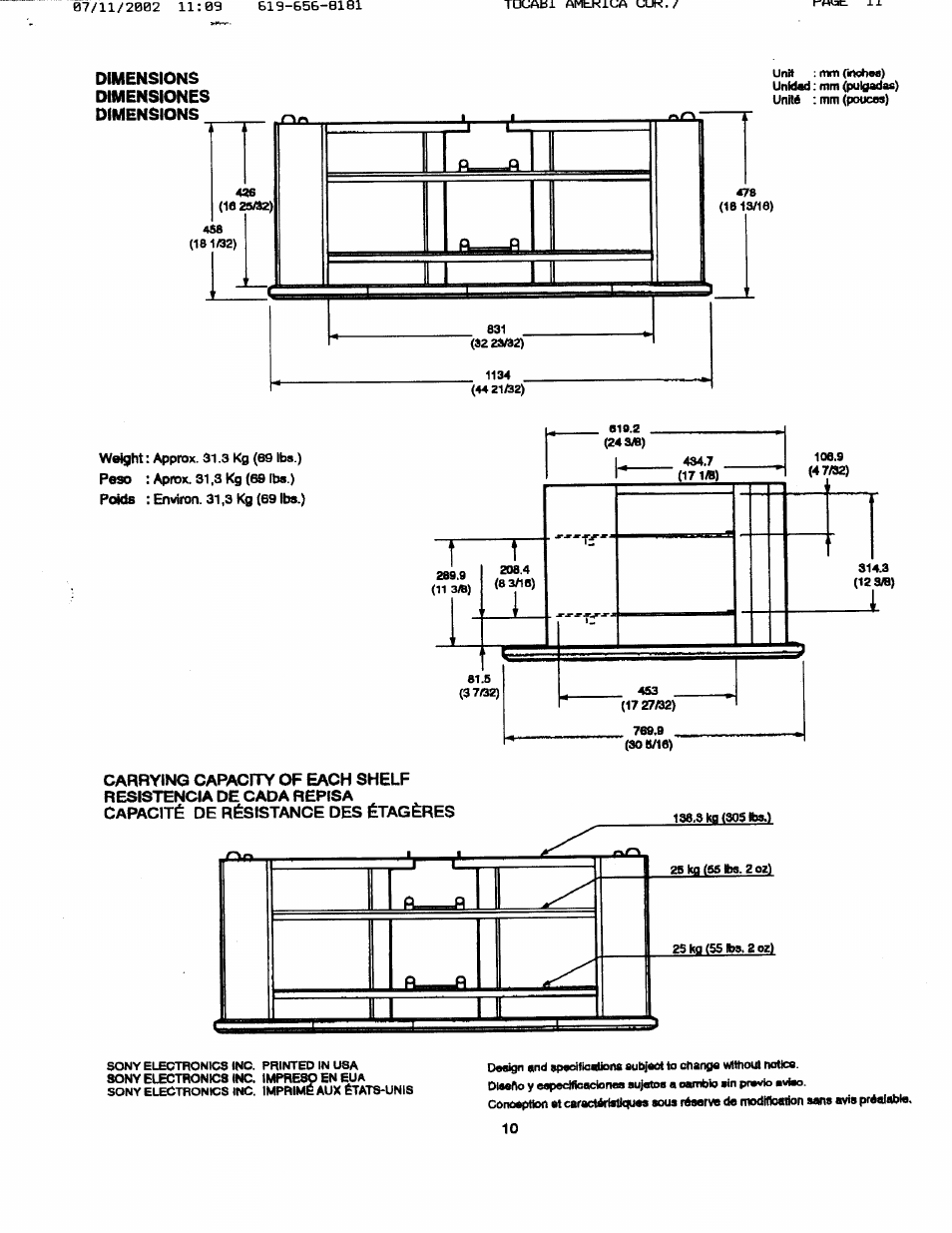 Dimensions, Resistencia de cada repisa | Sony SU-40XBR8 User Manual | Page 10 / 12