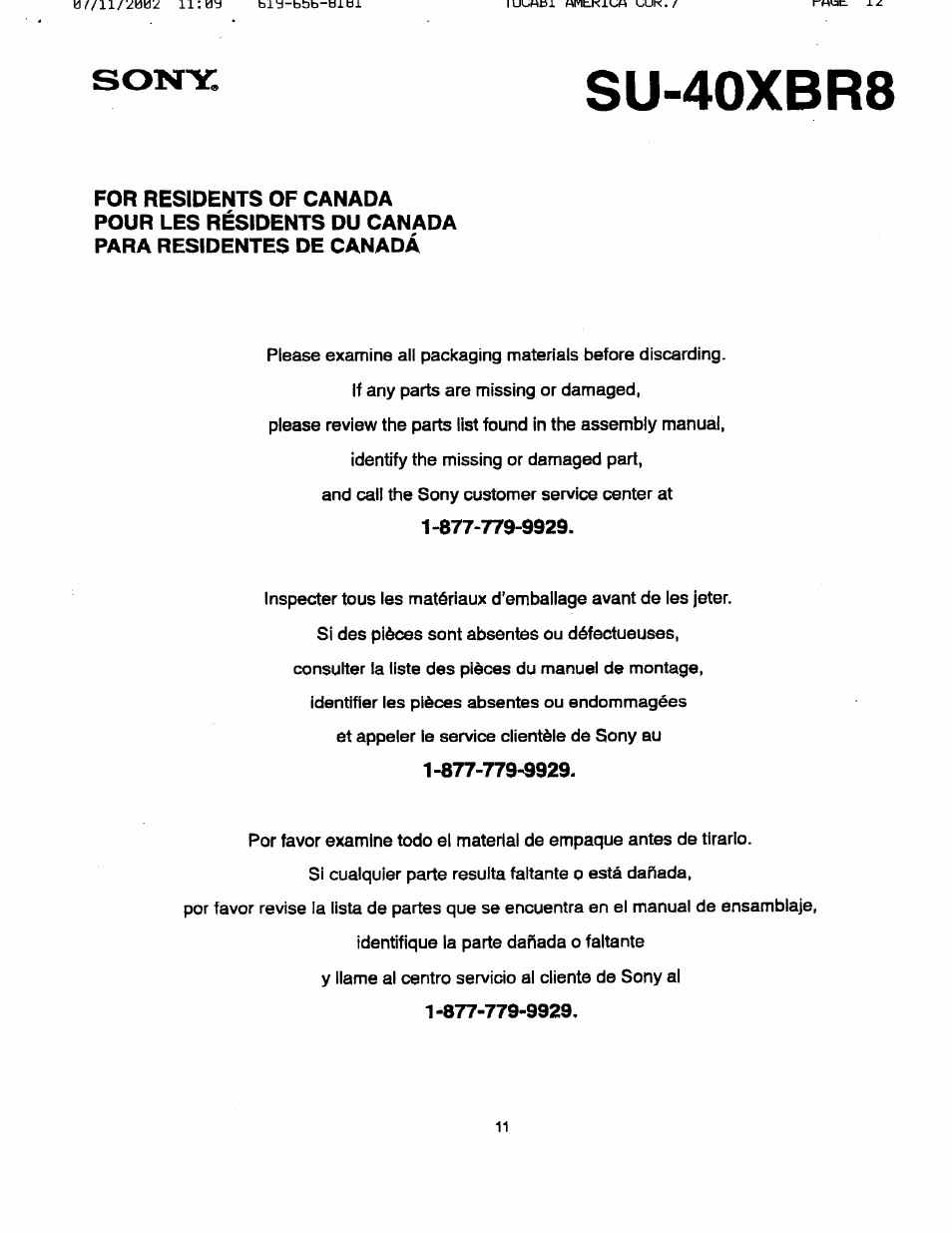 Su-40xbr8 | Sony SU-40XBR8 User Manual | Page 11 / 12
