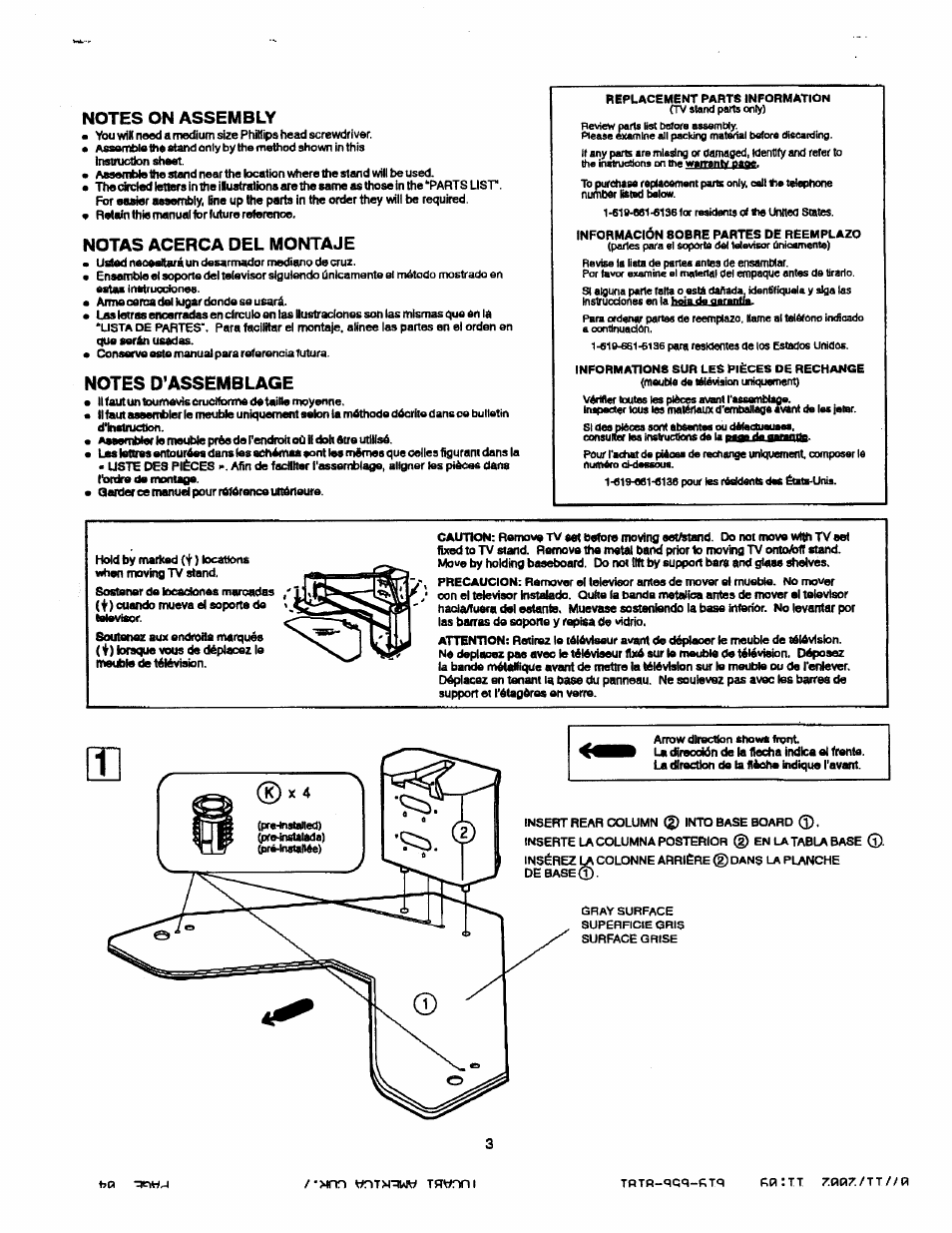 Notes on assembly, Notas acerca del montaje | Sony SU-40XBR8 User Manual | Page 3 / 12