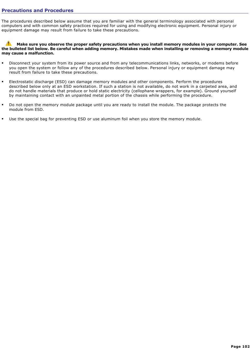 Precautions and procedures | Sony PCG-NVR23 User Manual | Page 102 / 169