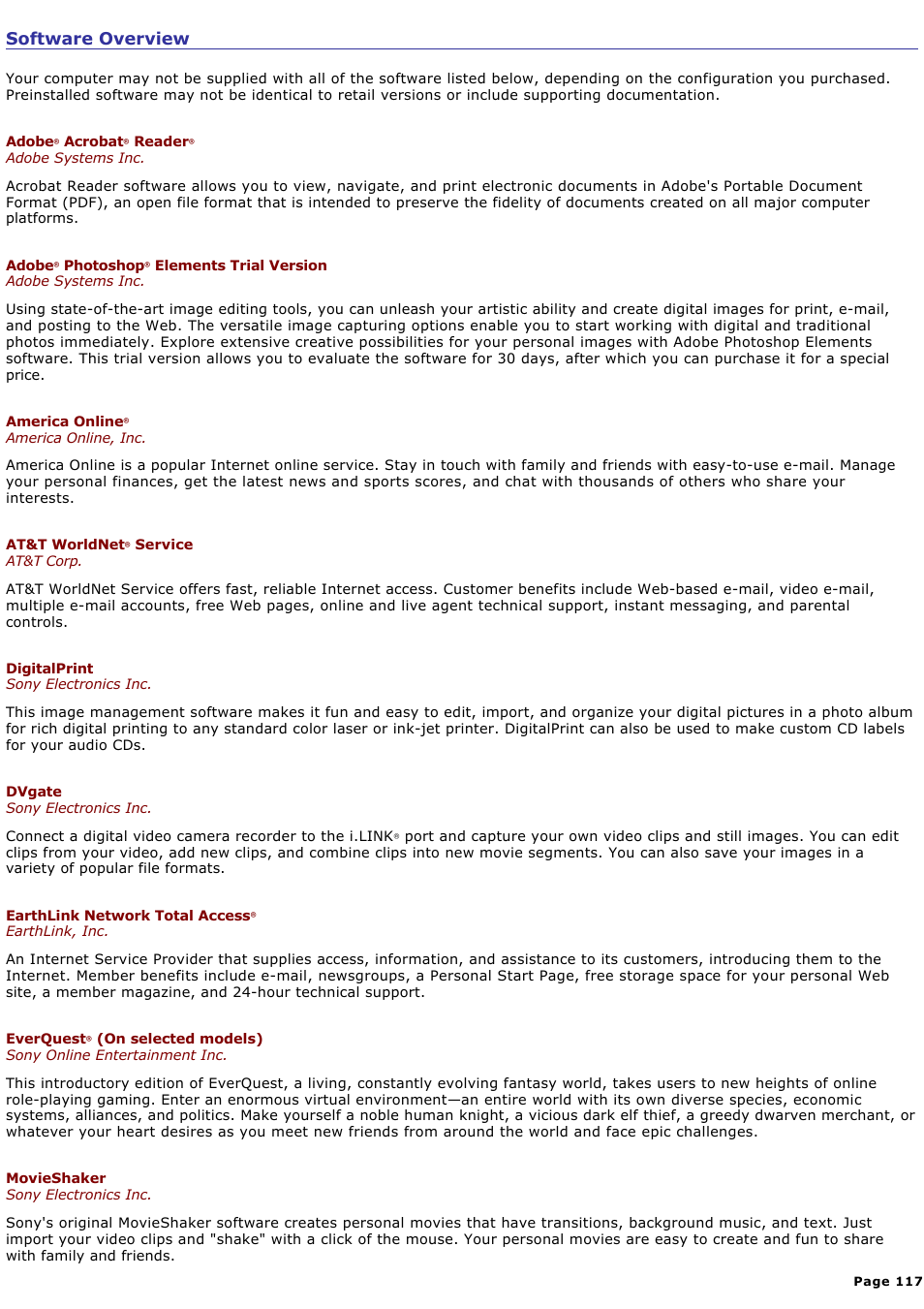 Software overview | Sony PCG-NVR23 User Manual | Page 117 / 169