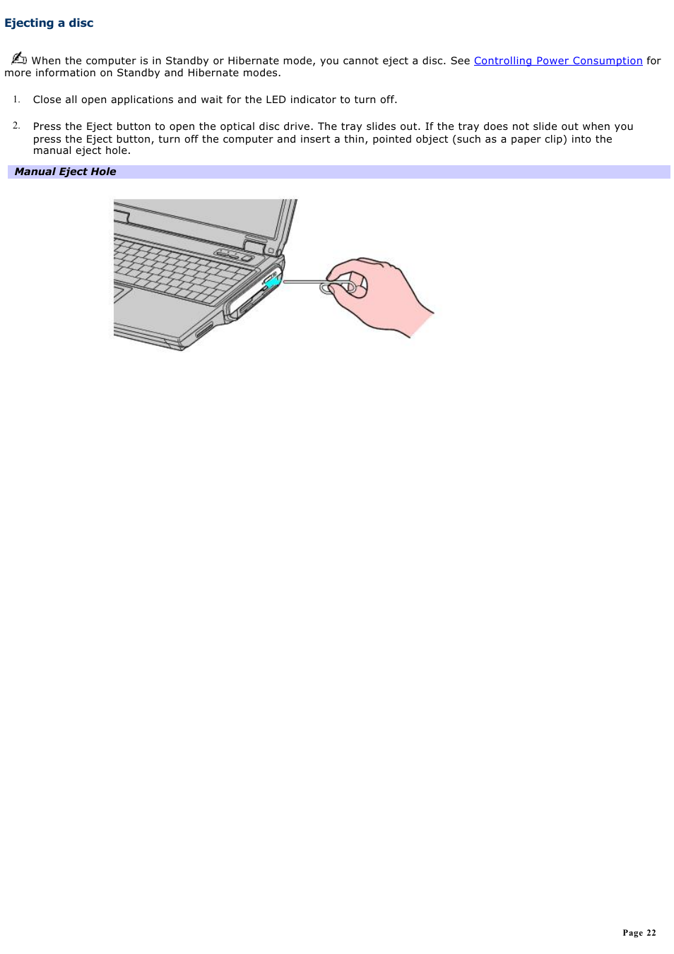 Ejecting a disc | Sony PCG-NVR23 User Manual | Page 22 / 169