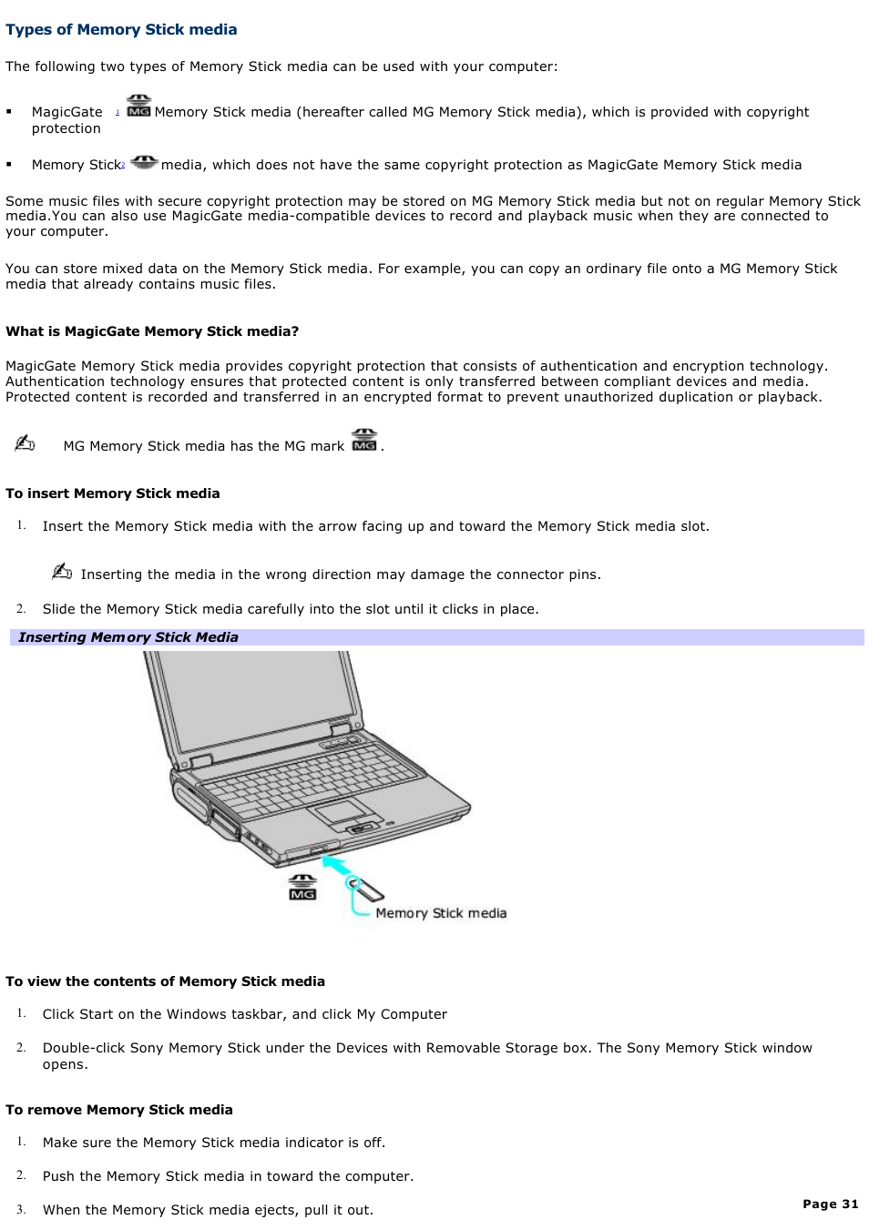 Types of memory stick media | Sony PCG-NVR23 User Manual | Page 31 / 169