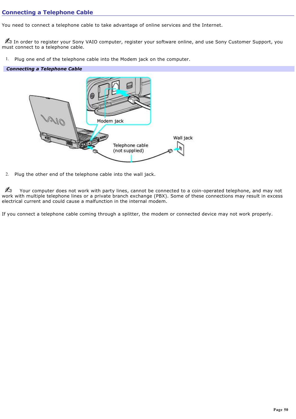 Connecting a telephone cable | Sony PCG-NVR23 User Manual | Page 50 / 169