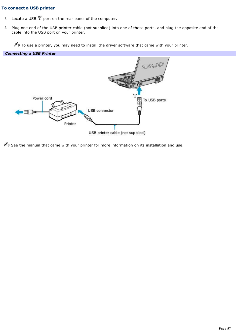 To connect a usb printer | Sony PCG-NVR23 User Manual | Page 57 / 169