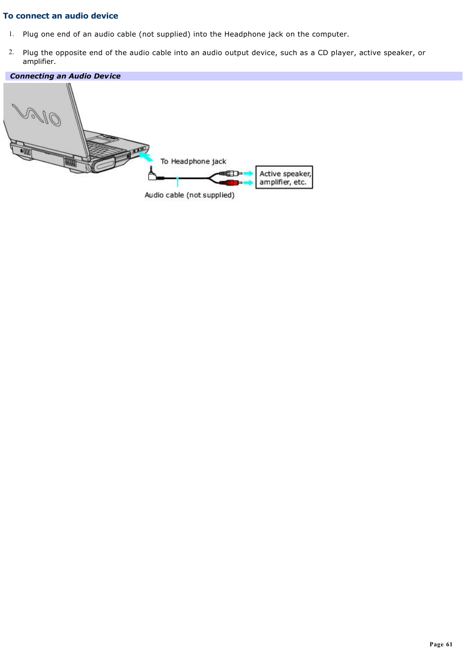 To connect an audio device | Sony PCG-NVR23 User Manual | Page 61 / 169