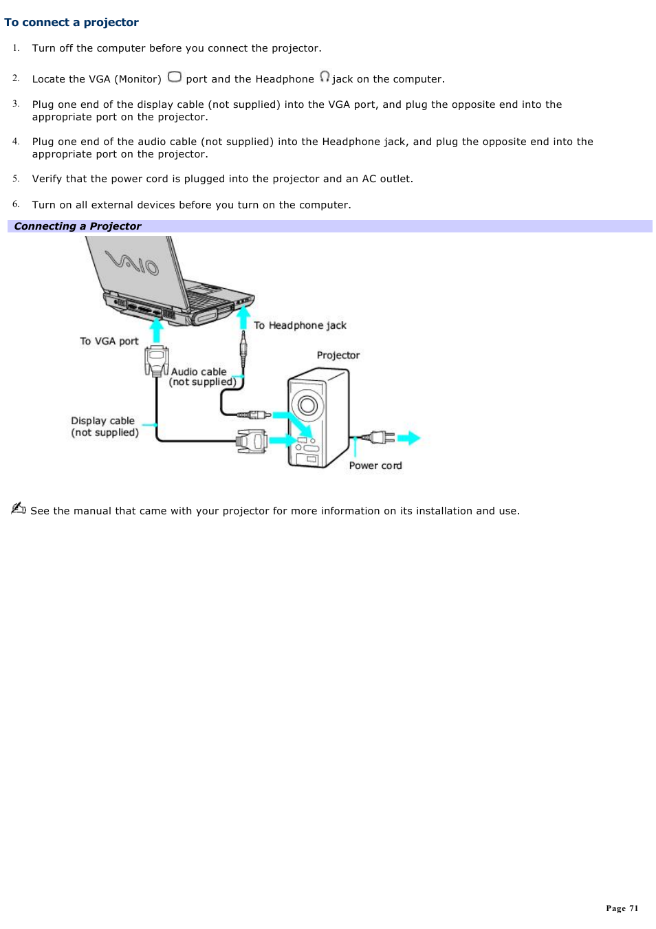 To connect a projector | Sony PCG-NVR23 User Manual | Page 71 / 169