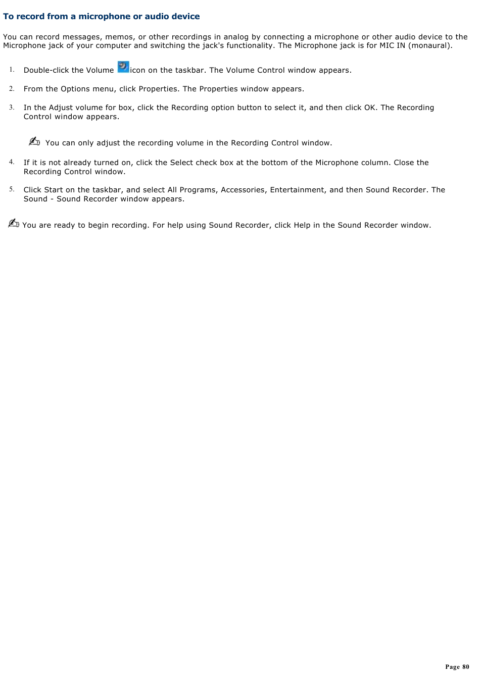 To record from a microphone or audio device | Sony PCG-NVR23 User Manual | Page 80 / 169