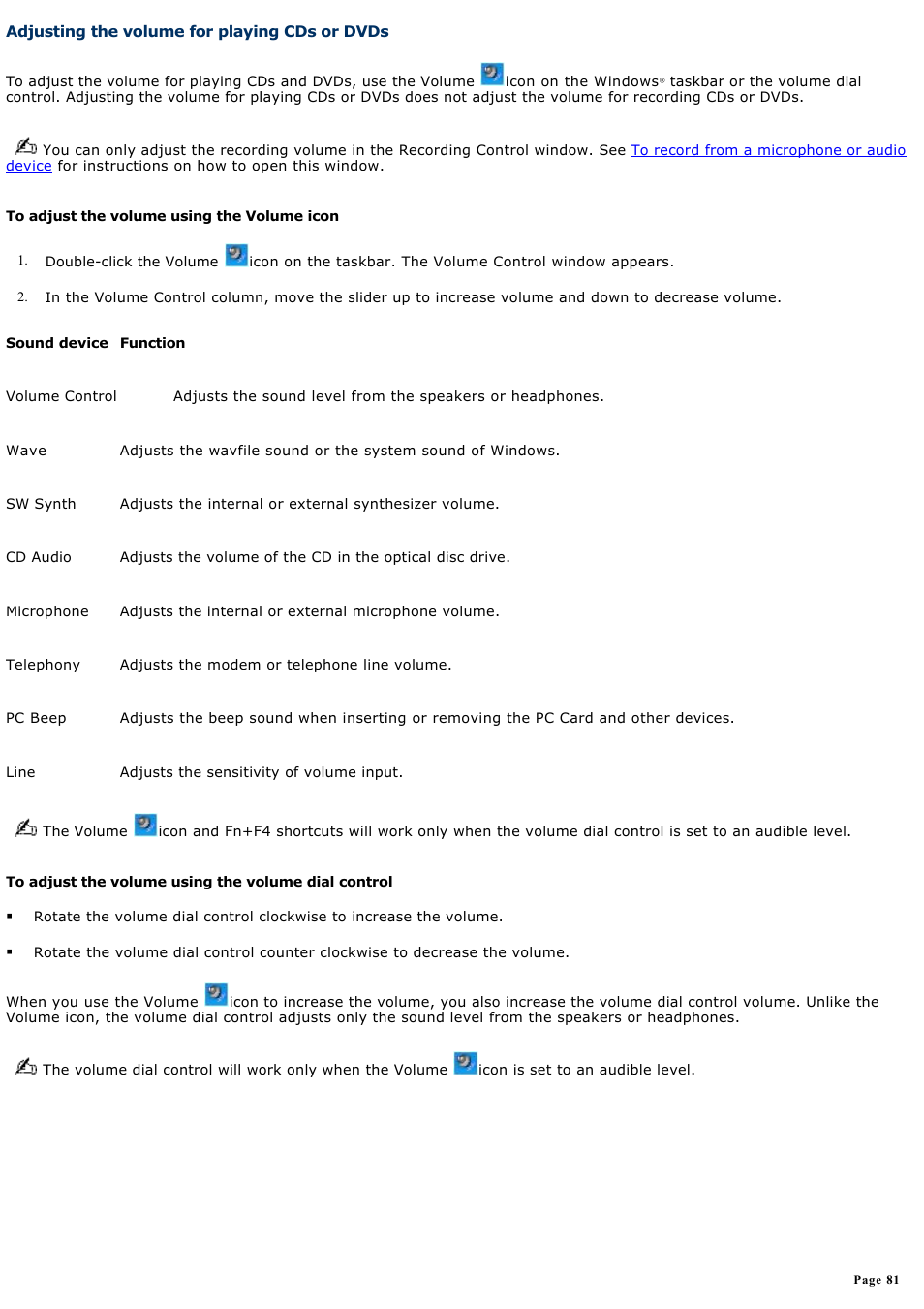 Adjusting the volume for playing cds or dvds | Sony PCG-NVR23 User Manual | Page 81 / 169