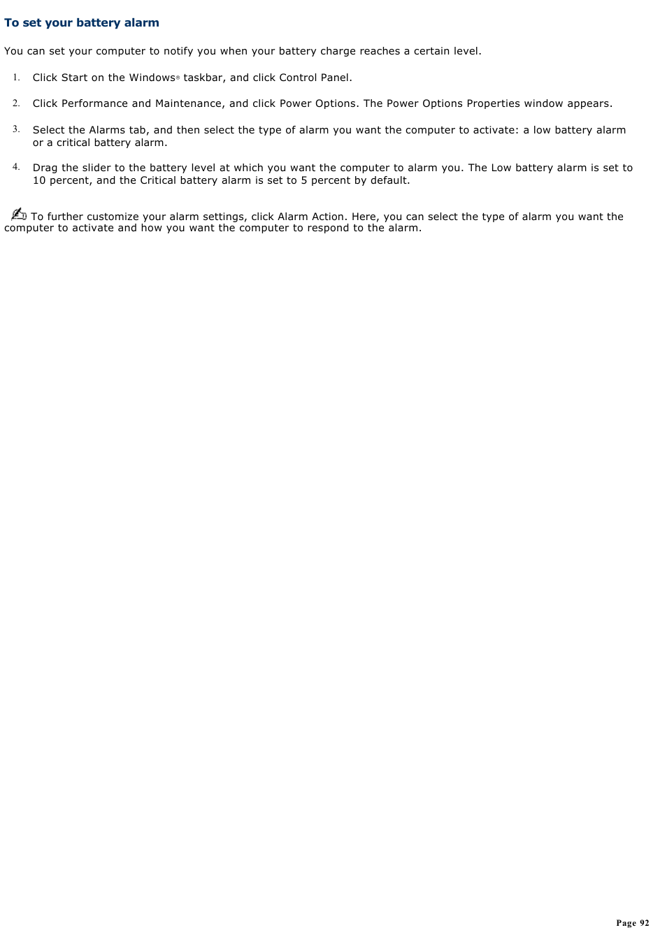 To set your battery alarm | Sony PCG-NVR23 User Manual | Page 92 / 169