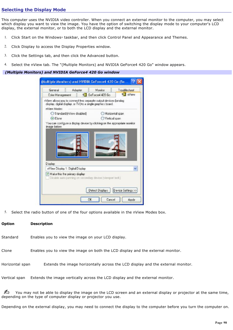 Selecting the display mode, Selecting, The display mode | Selecting the, Display mode, For more information | Sony PCG-NVR23 User Manual | Page 98 / 169