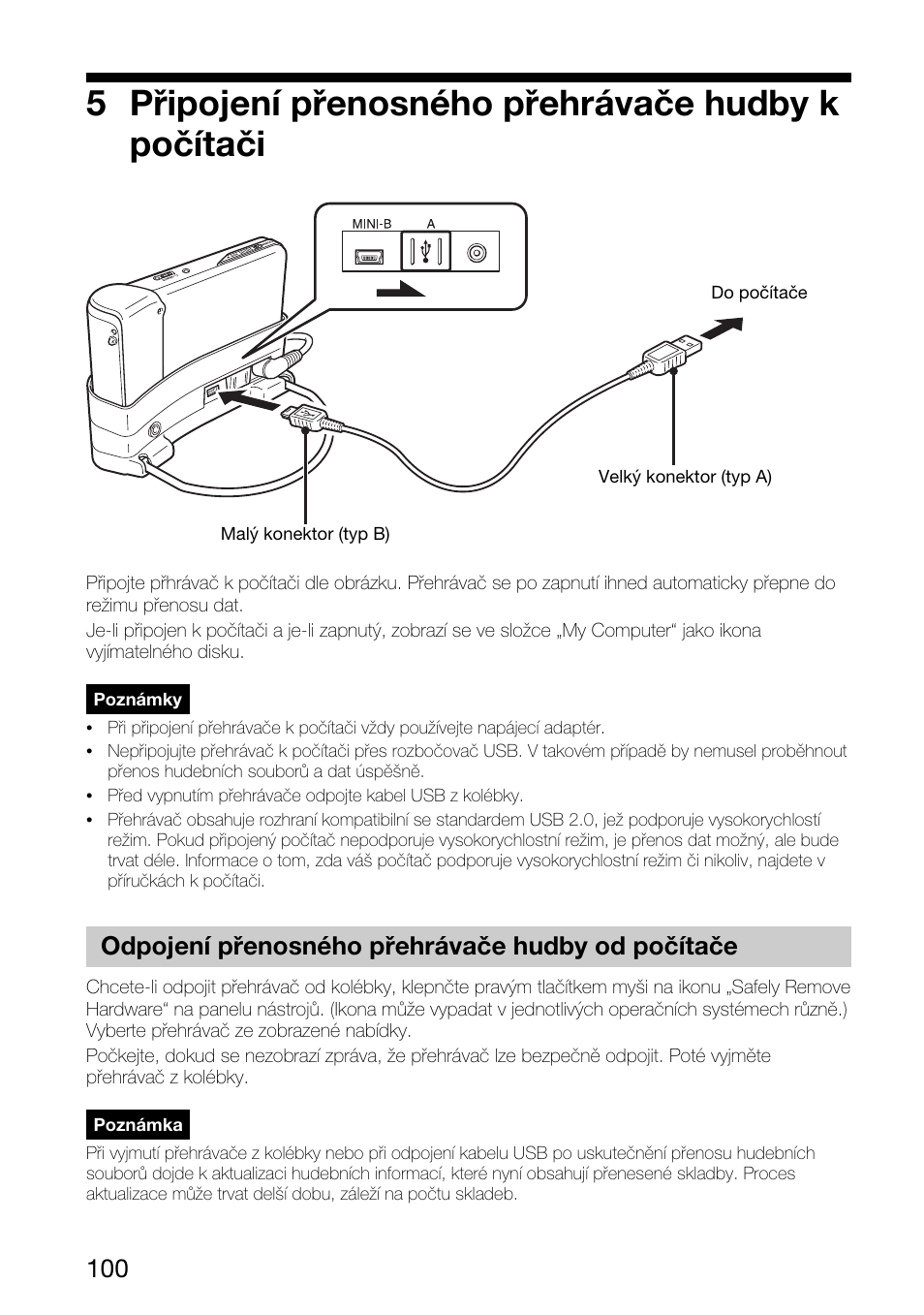 5 připojení přenosného přehrávače hudby k počítači, Odpojení přenosného přehrávače hudby od počítače | Sony VGF-AP1L User Manual | Page 100 / 104