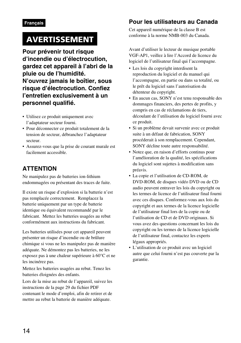 Français – guide de démarrage rapide, Avertissement, Pour les utilisateurs au canada | Attention | Sony VGF-AP1L User Manual | Page 14 / 104