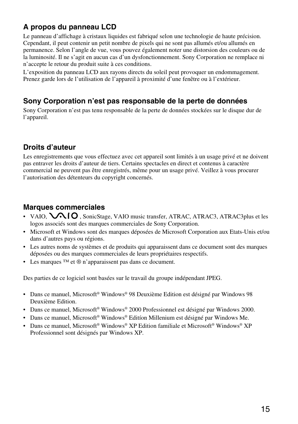 A propos du panneau lcd, Droits d’auteur, Marques commerciales | Sony VGF-AP1L User Manual | Page 15 / 104