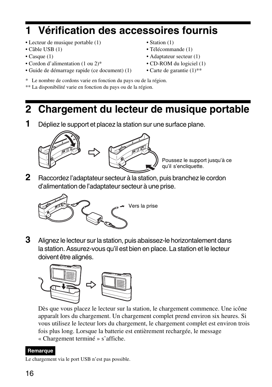 1 vérification des accessoires fournis, 2 chargement du lecteur de musique portable | Sony VGF-AP1L User Manual | Page 16 / 104