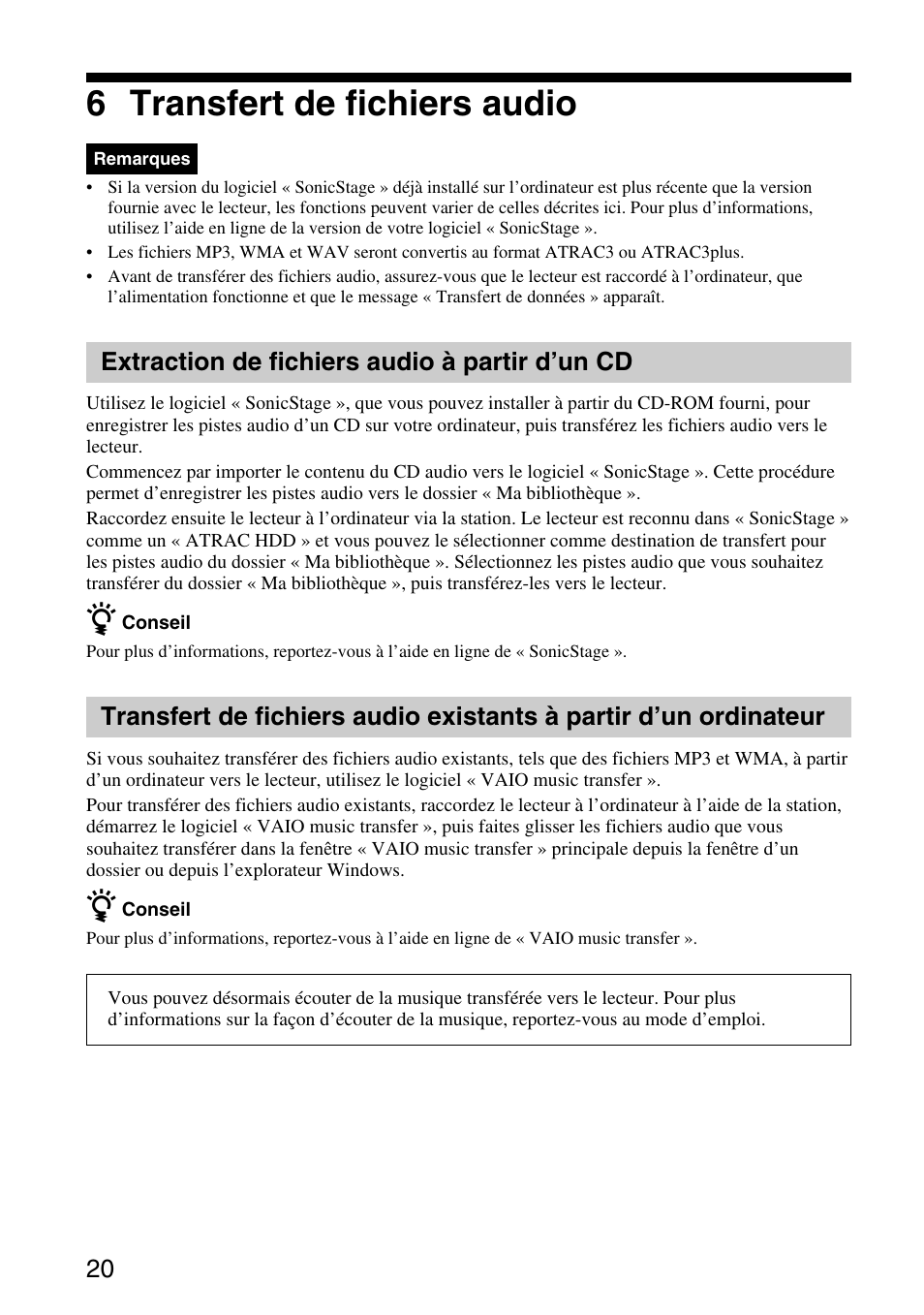 6 transfert de fichiers audio, Extraction de fichiers audio à partir d’un cd | Sony VGF-AP1L User Manual | Page 20 / 104