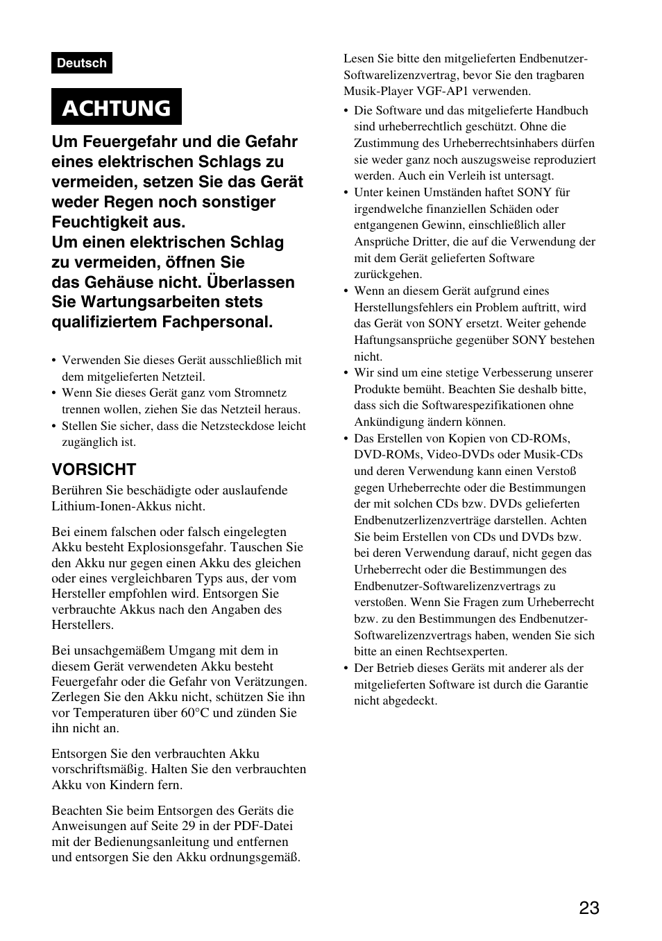 Deutsch – kurzanleitung, Achtung, Vorsicht | Sony VGF-AP1L User Manual | Page 23 / 104