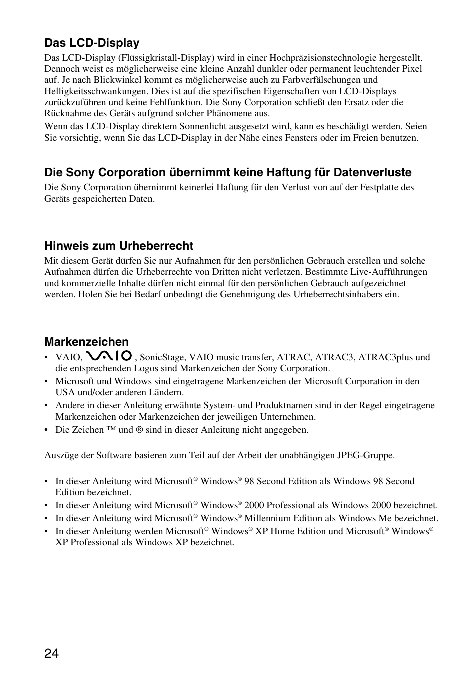 Das lcd-display, Hinweis zum urheberrecht, Markenzeichen | Sony VGF-AP1L User Manual | Page 24 / 104