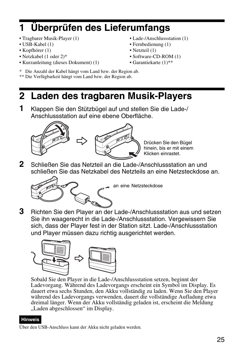 1 überprüfen des lieferumfangs, 2 laden des tragbaren musik-players | Sony VGF-AP1L User Manual | Page 25 / 104