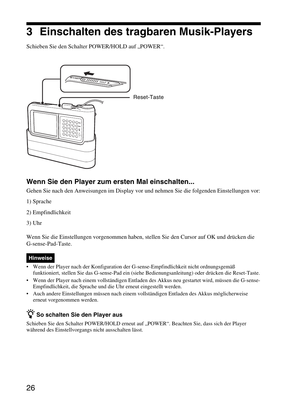 3 einschalten des tragbaren musik-players | Sony VGF-AP1L User Manual | Page 26 / 104