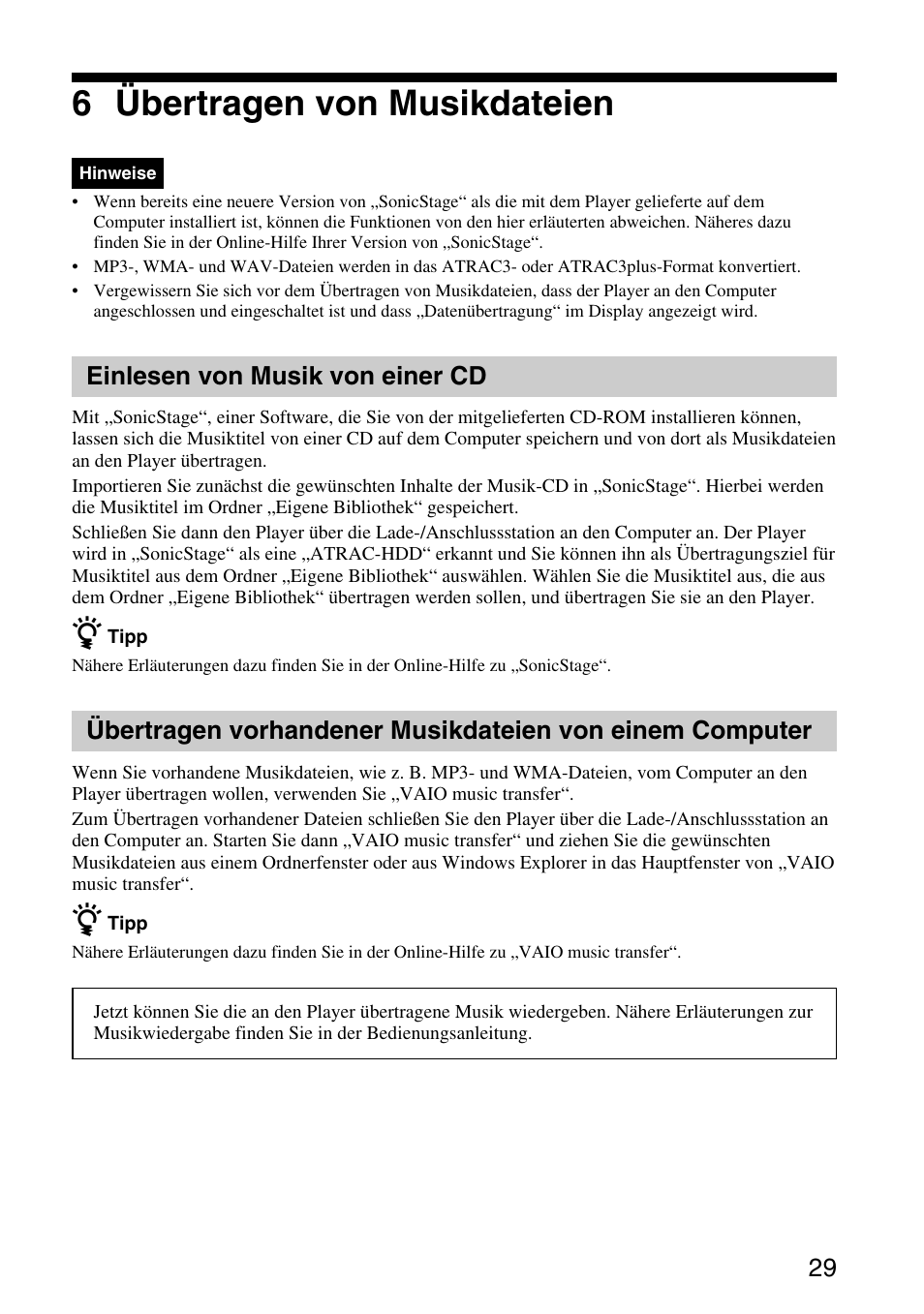 6 übertragen von musikdateien, Einlesen von musik von einer cd | Sony VGF-AP1L User Manual | Page 29 / 104