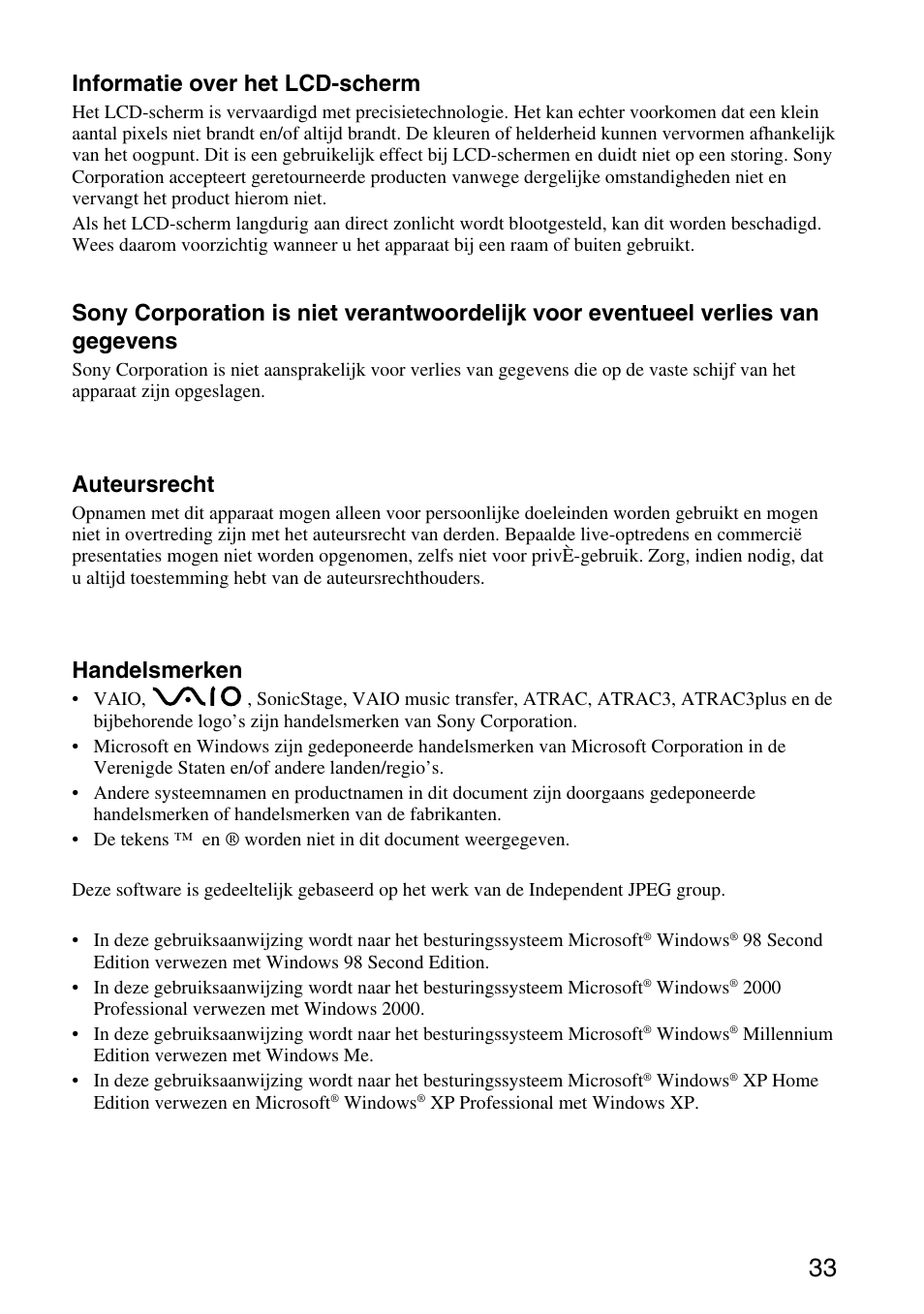 Informatie over het lcd-scherm, Auteursrecht, Handelsmerken | Sony VGF-AP1L User Manual | Page 33 / 104