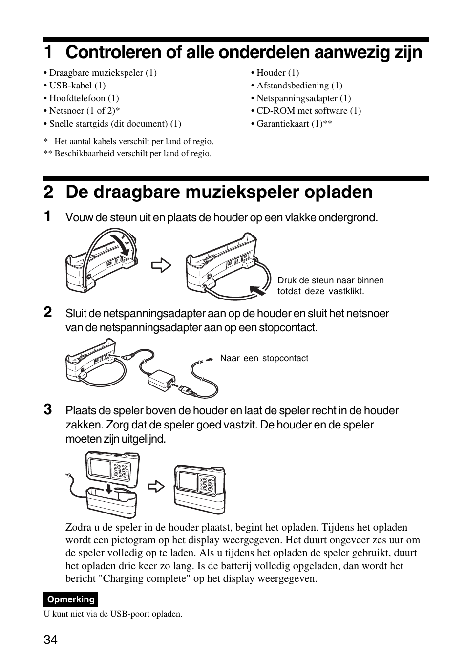 1 controleren of alle onderdelen aanwezig zijn, 2 de draagbare muziekspeler opladen | Sony VGF-AP1L User Manual | Page 34 / 104