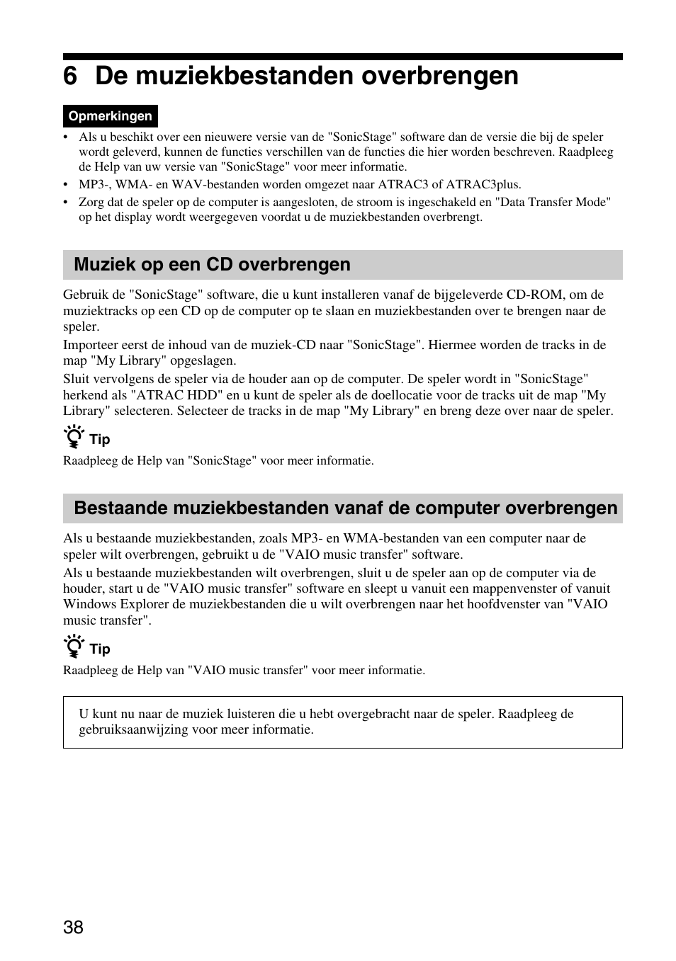 6 de muziekbestanden overbrengen, Muziek op een cd overbrengen | Sony VGF-AP1L User Manual | Page 38 / 104