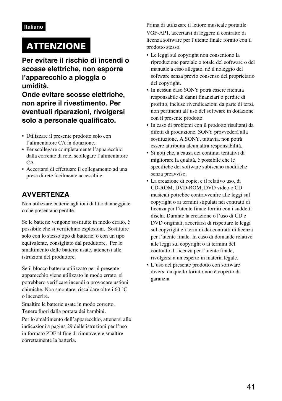Italiano – guida rapida all’uso, Attenzione, Avvertenza | Sony VGF-AP1L User Manual | Page 41 / 104