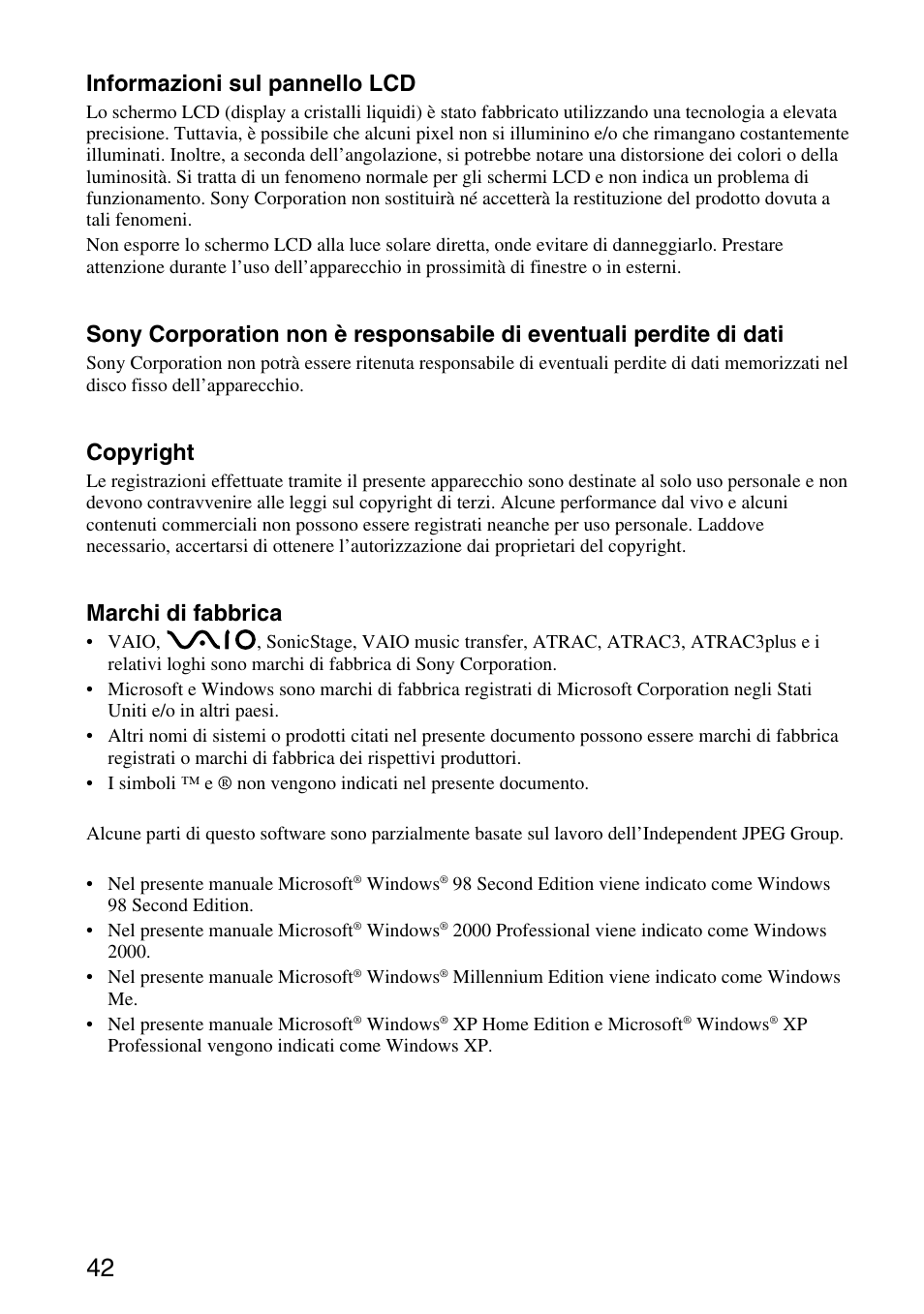 Informazioni sul pannello lcd, Copyright, Marchi di fabbrica | Sony VGF-AP1L User Manual | Page 42 / 104