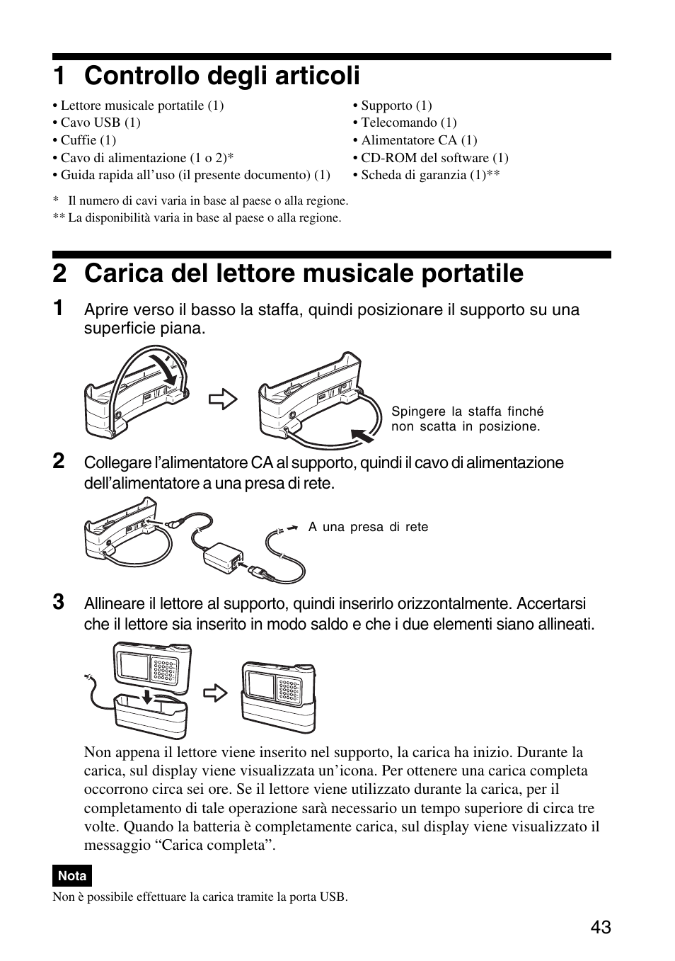 1 controllo degli articoli, 2 carica del lettore musicale portatile | Sony VGF-AP1L User Manual | Page 43 / 104