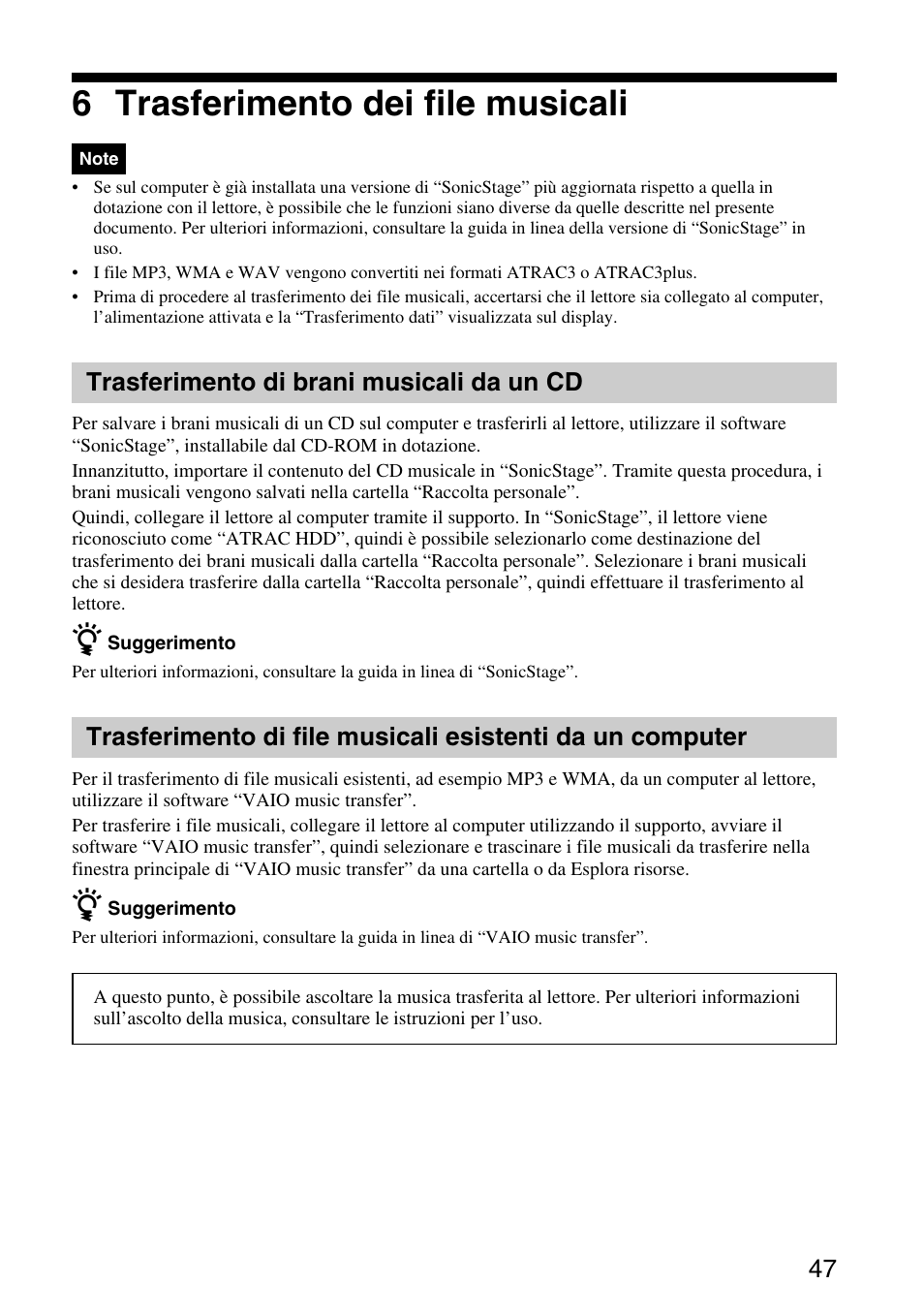 6 trasferimento dei file musicali, Trasferimento di brani musicali da un cd | Sony VGF-AP1L User Manual | Page 47 / 104