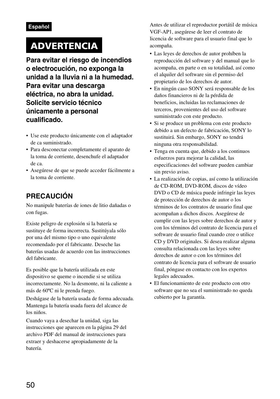 Español – guía de inicio rápido, Advertencia, Precaución | Sony VGF-AP1L User Manual | Page 50 / 104